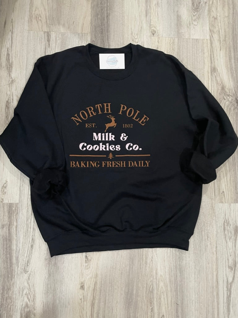 North Pole Milk & Cookies Co Embroidered Sweatshirt | Cozy Christmas Crewneck | Santa Holiday Sweatshirt