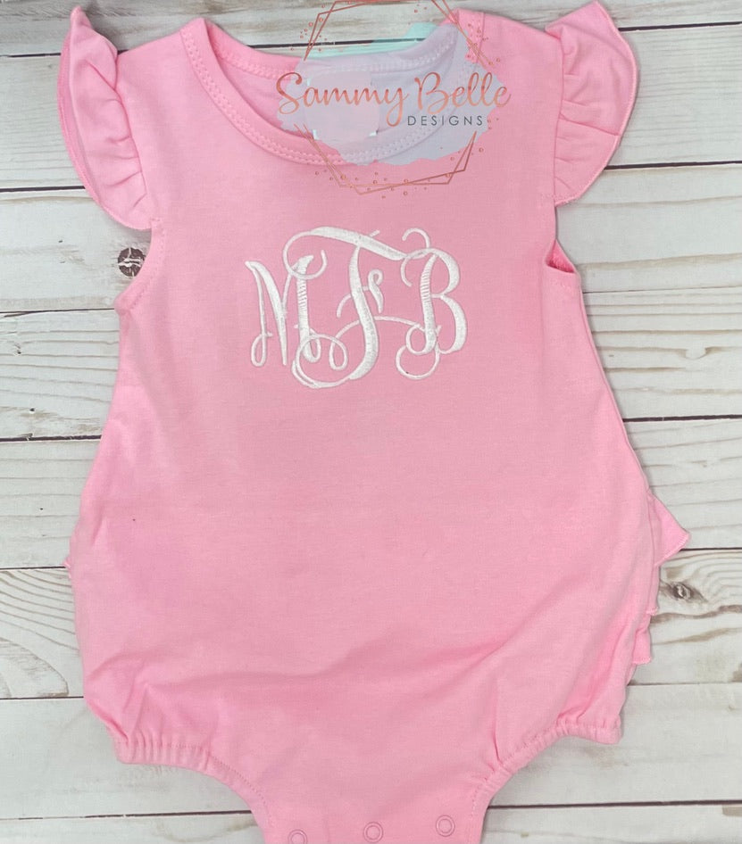 Monogram Ruffle Bum Bubble Romper, Personalized Ruffle Romper, Embroidered Ruffle Bummy bodysuit, Baby Monogram Romper, Monogram Ruffle Bum