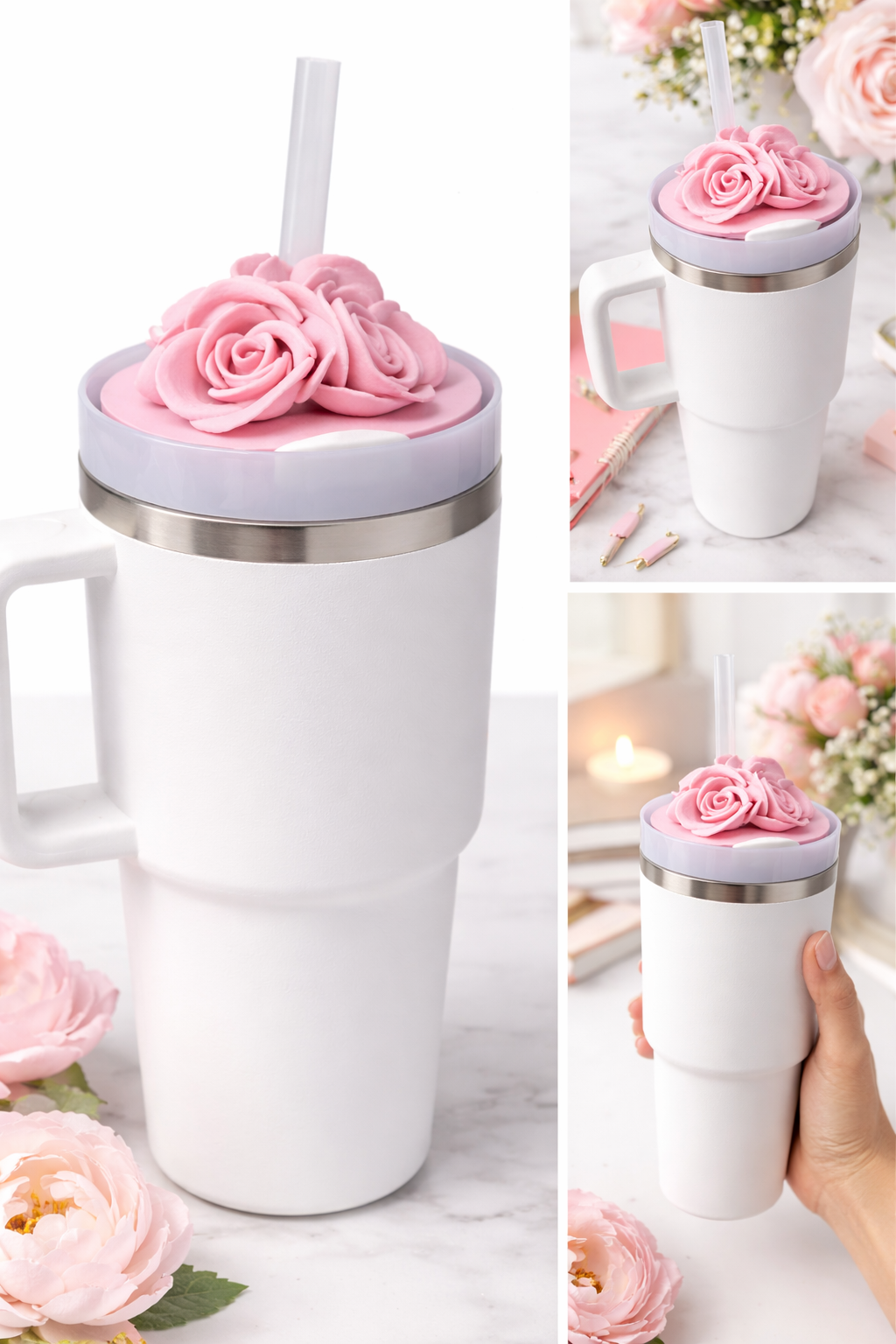 Pink Rose Cup Topper for 20 oz Tumbler | 3D Printed Stanley Cup Accessory | Floral Straw Lid Cover