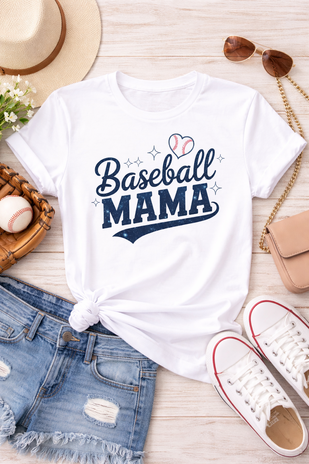 White t-shirt with 'Baseball Mama' text on a wooden surface with accessories.
