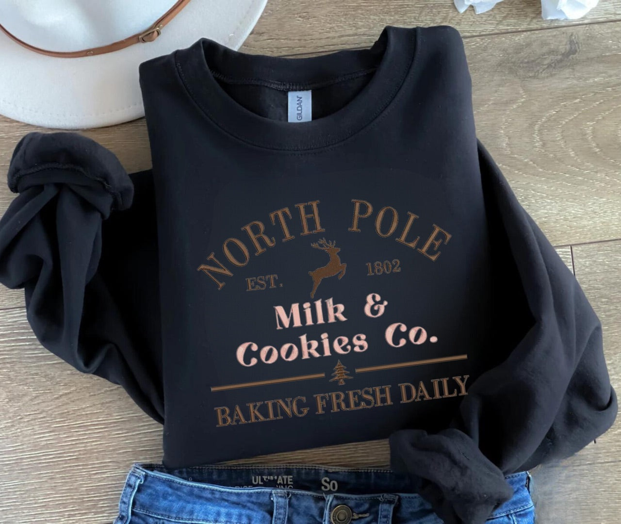 North Pole Milk & Cookies Co Embroidered Sweatshirt | Cozy Christmas Crewneck | Santa Holiday Sweatshirt