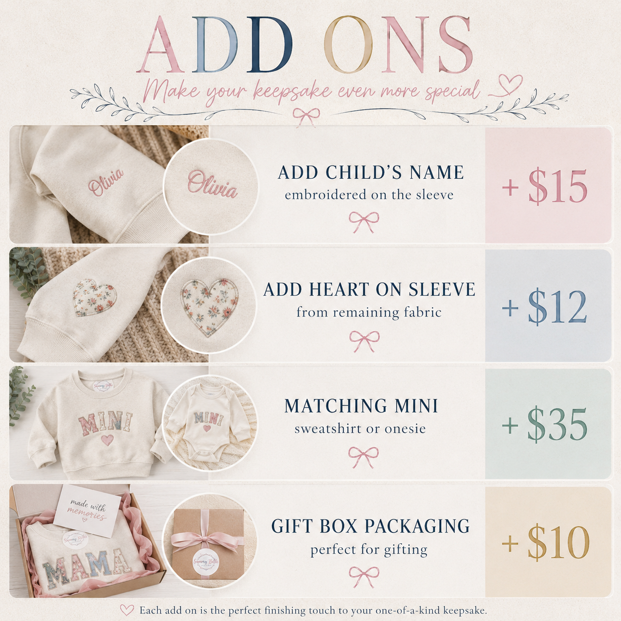 Add ons for Embroidery, Memory Sweatshirt Add-Ons | Sleeve Name Embroidery, Heart Appliqué & Gift Box