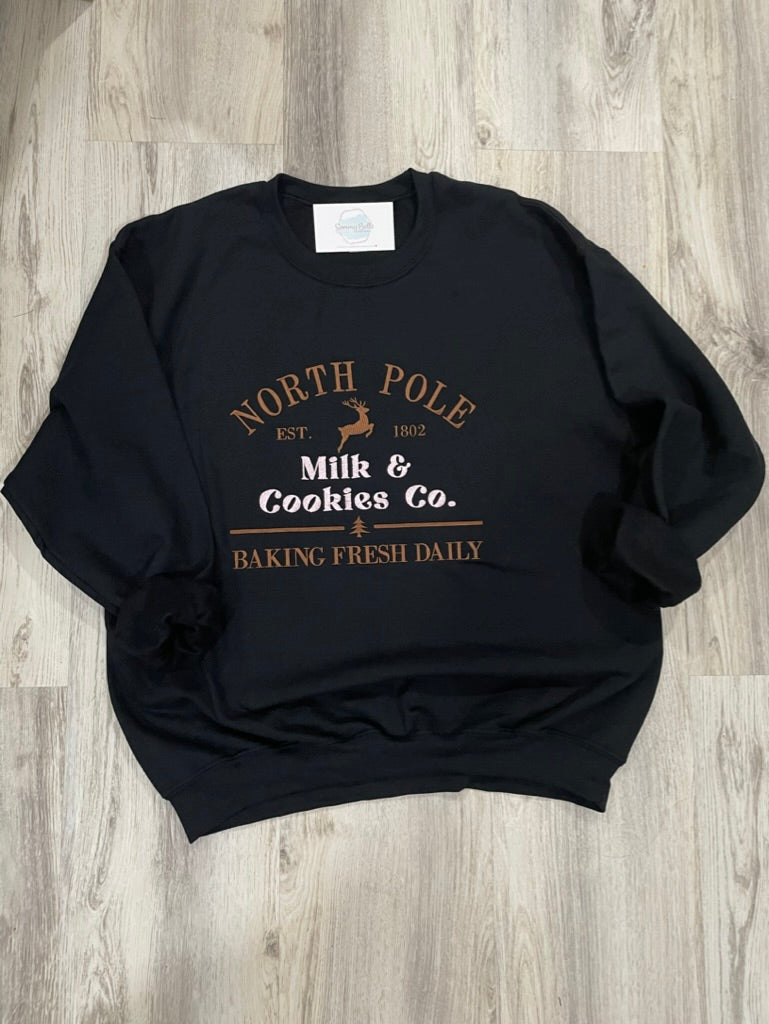 North Pole Milk & Cookies Co Embroidered Sweatshirt | Cozy Christmas Crewneck | Santa Holiday Sweatshirt