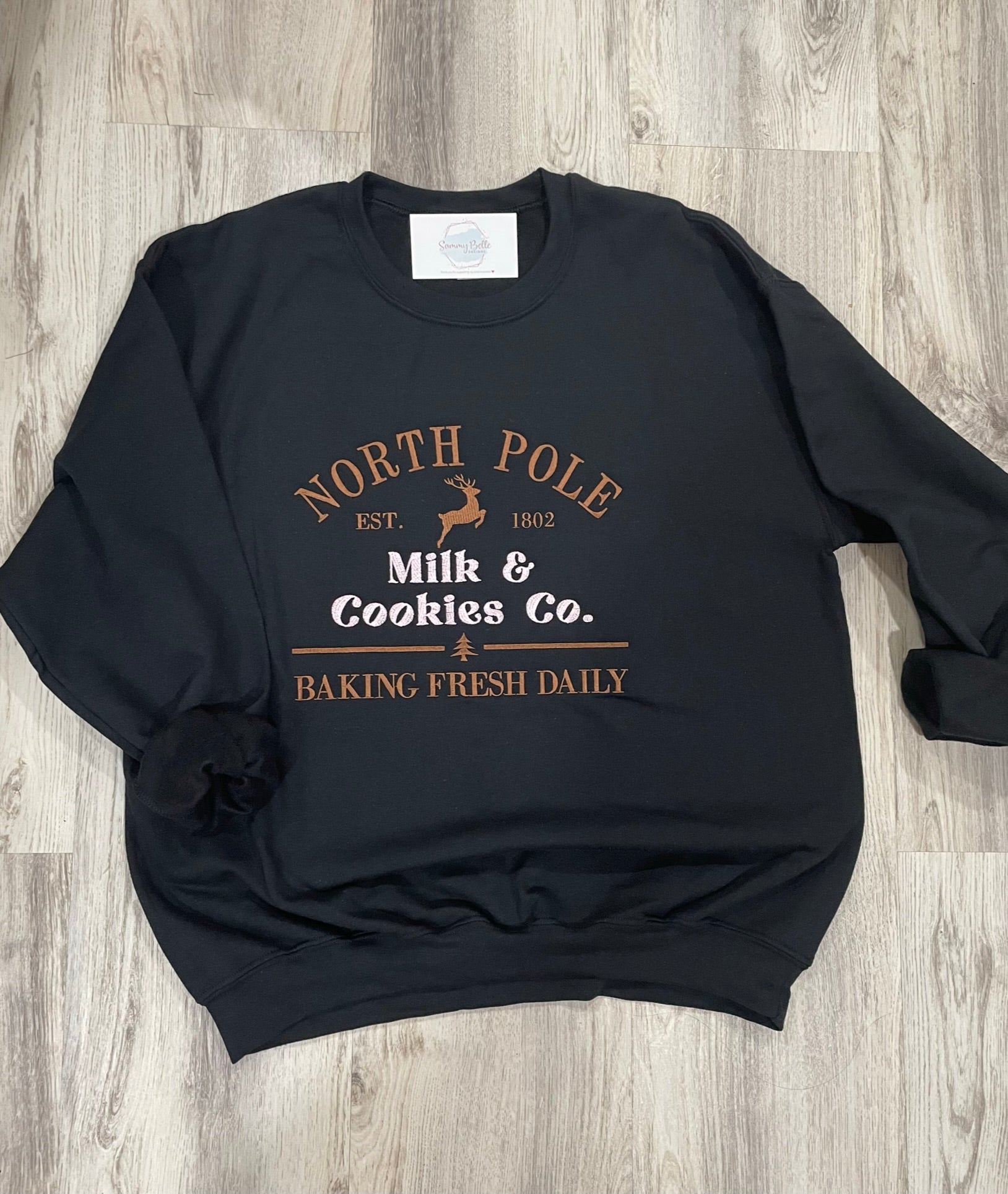 North Pole Milk & Cookies Co Embroidered Sweatshirt | Cozy Christmas Crewneck | Santa Holiday Sweatshirt