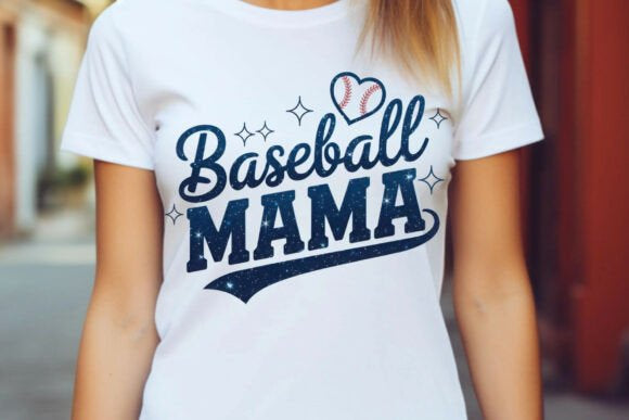 White t-shirt with 'Baseball Mama' text worn by a person, blurred background