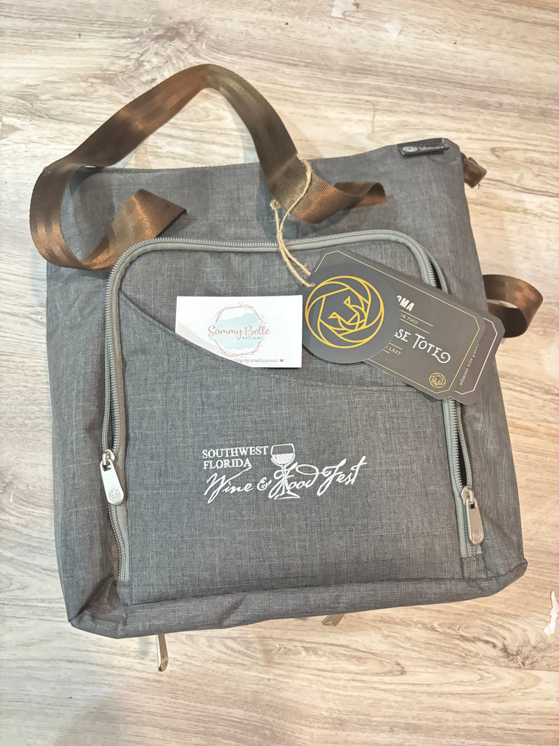Gray bag with brass handle on a wooden surface with 
