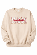 Beige sweatshirt with 'MOM Baseball' text on a white background